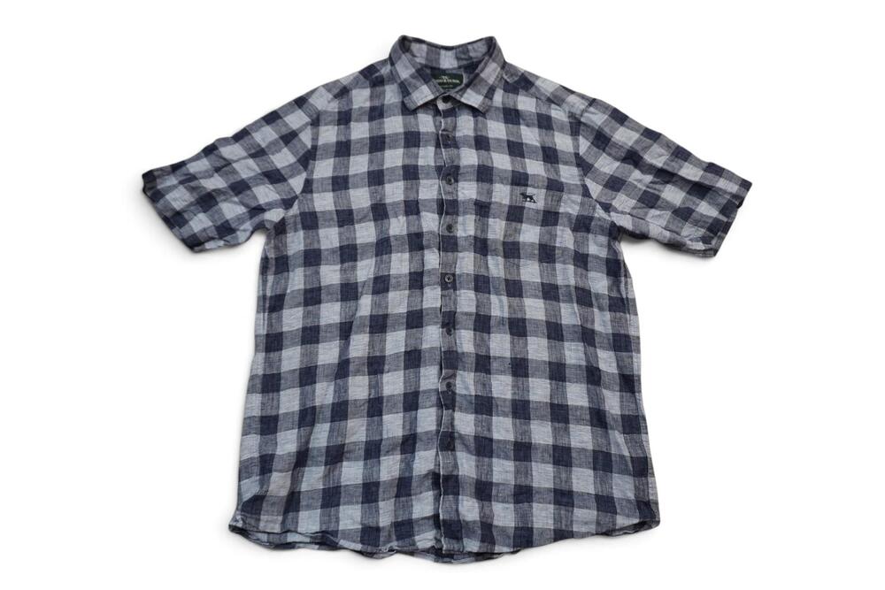 Rodd & Gunn Shirt Mens Large Blue Plaid Linen Silk Short Sleeve Button Up Italy